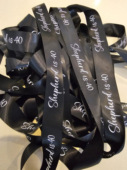 40cm black ribbon personalised with white print