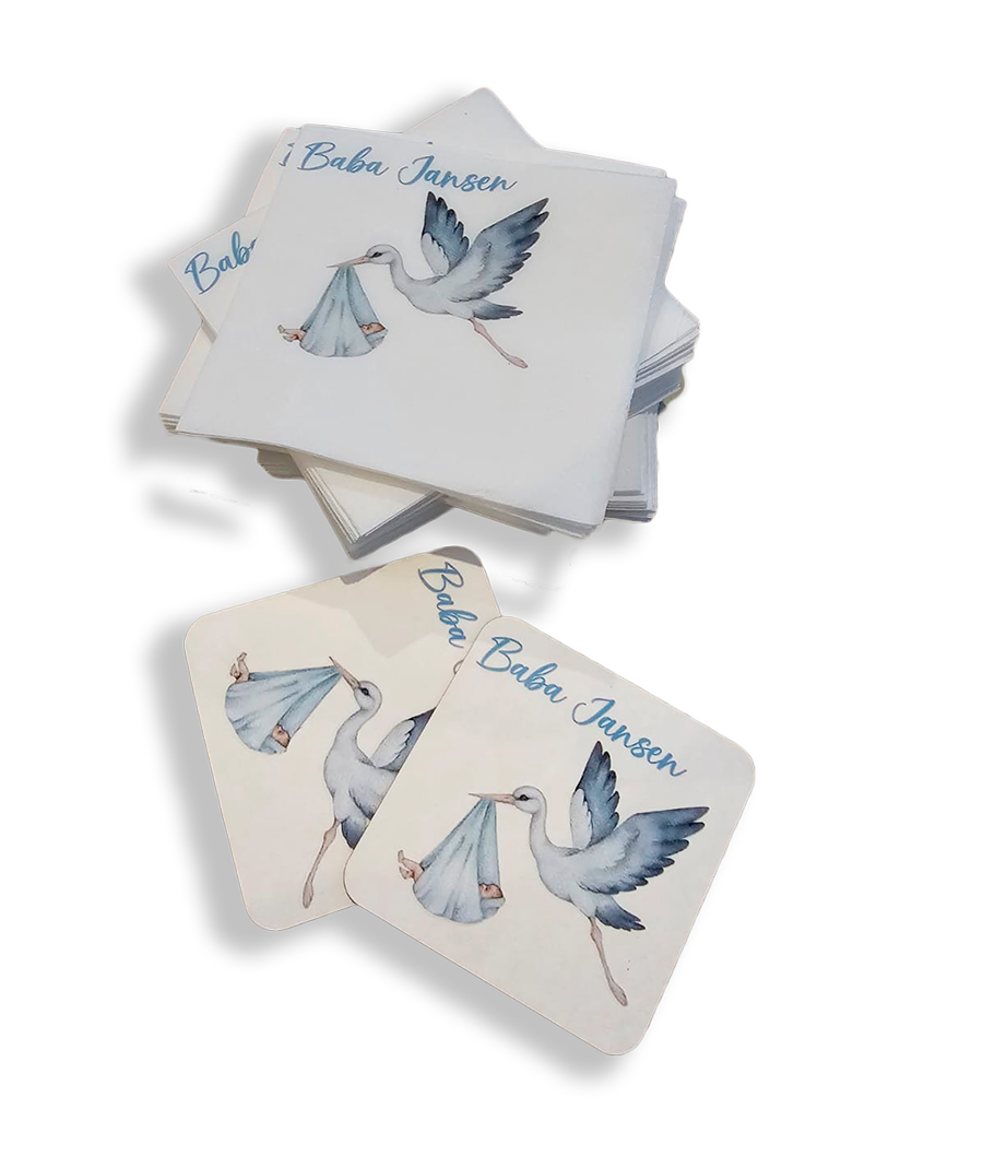 Personalised baby shower serviettes and coasters