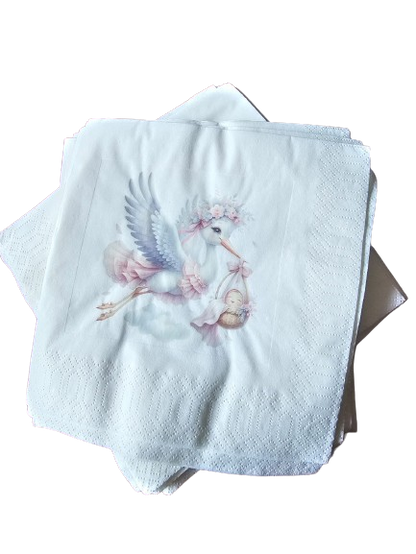 2ply serviettes with stork. Baby shower